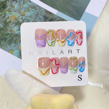 Qfdian 10pcs Handmade Colorful French Press on Nails Macarone Puzzle Design Fake Nails False Manicure Decoration Full Cover Finger Tips